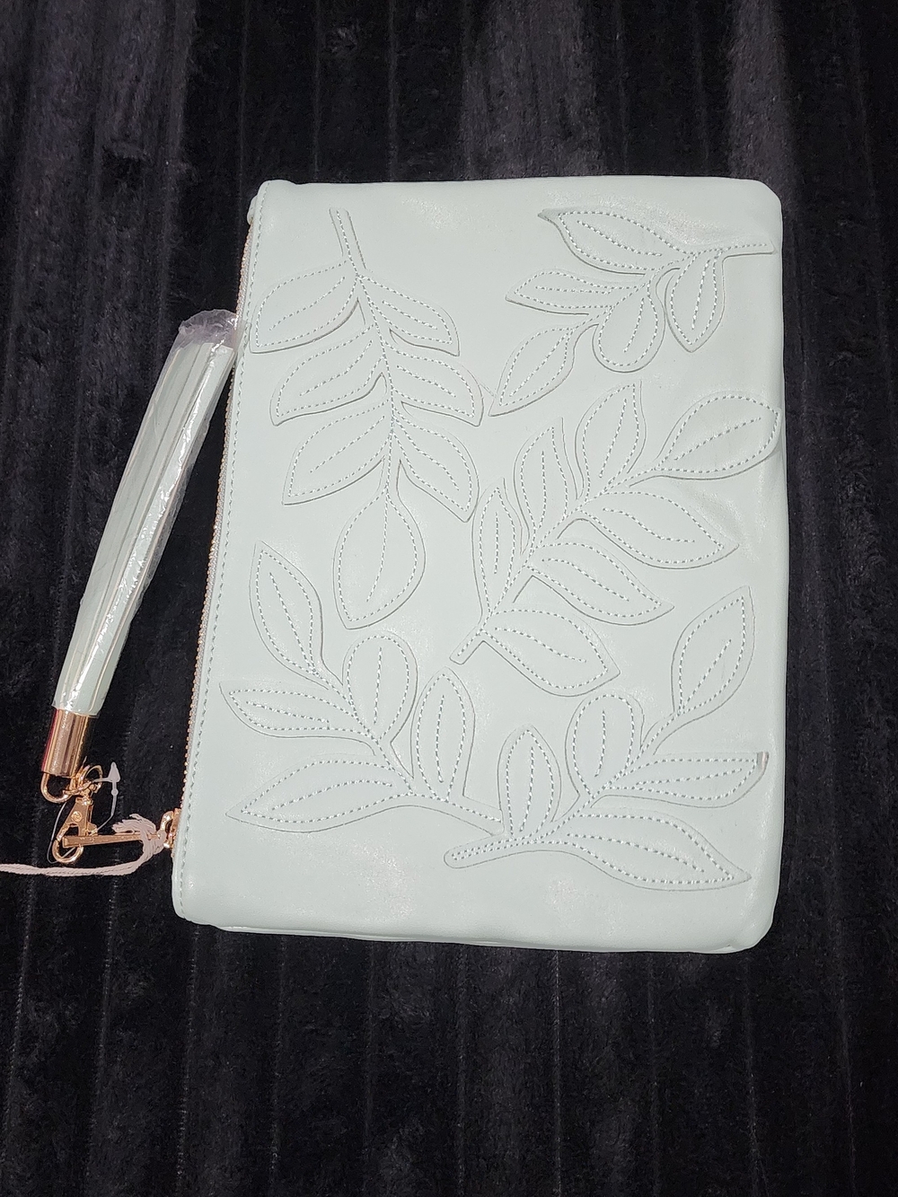 Women's Light Mint Wristlet Clutch with Leaf Embossing